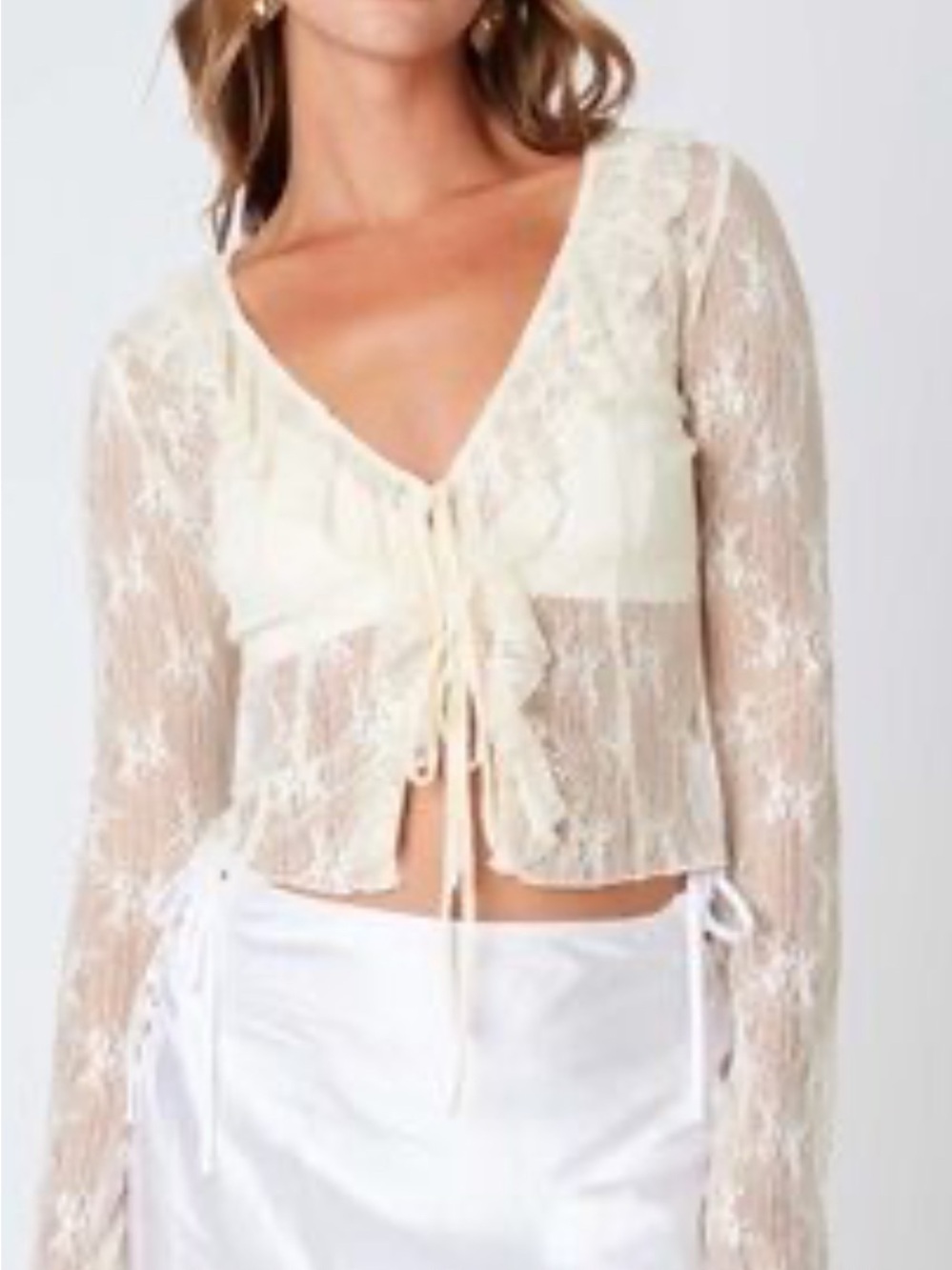 XS Sheer Lace Tie-Front Long Sleeve Blouse - Cream